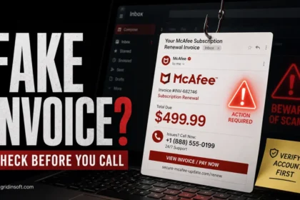 Fake McAfee invoice email caught on a hook with a warning to check before calling.