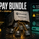 Rostpay bundled installer warning with DriverHub, Tesla Browser, and unwanted apps blocked by a cleanup scan.