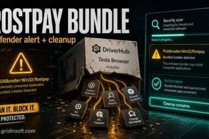 Rostpay bundled installer warning with DriverHub, Tesla Browser, and unwanted apps blocked by a cleanup scan.