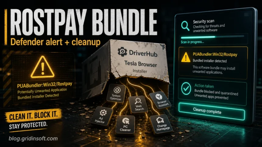 Rostpay bundled installer warning with DriverHub, Tesla Browser, and unwanted apps blocked by a cleanup scan.