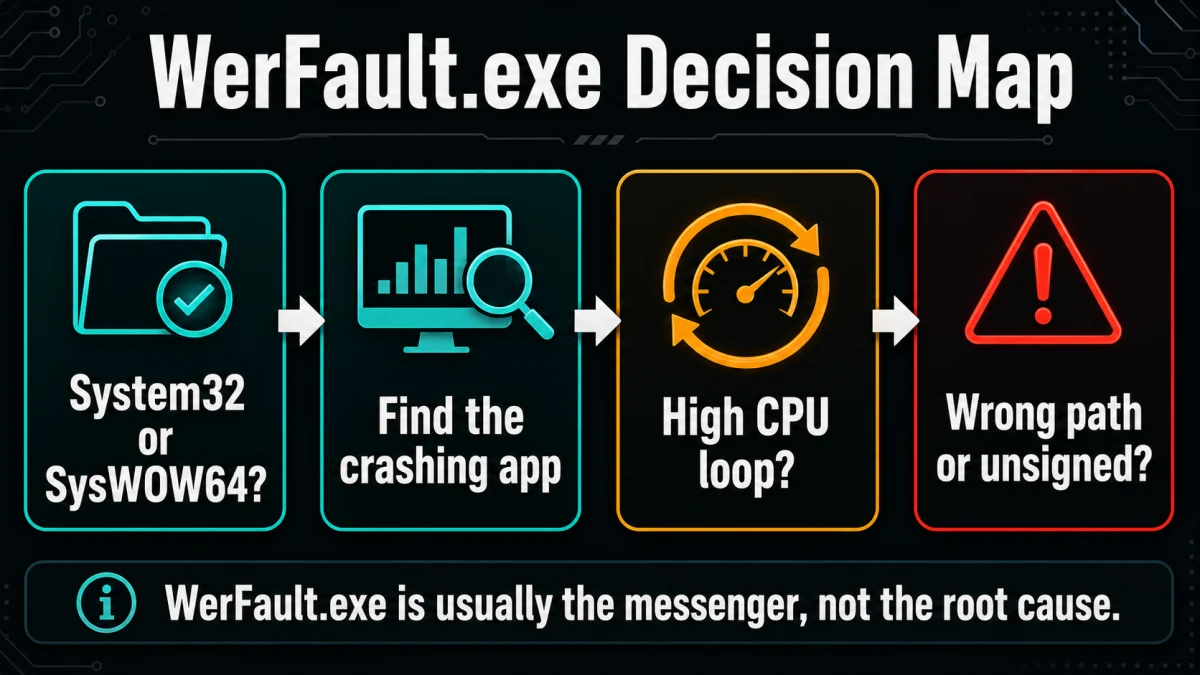 WerFault.exe decision map showing safe path, crashing app, high CPU loop, and suspicious path checks