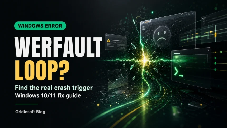 WerFault.exe error loop poster with Windows 10 and Windows 11 fix guide text