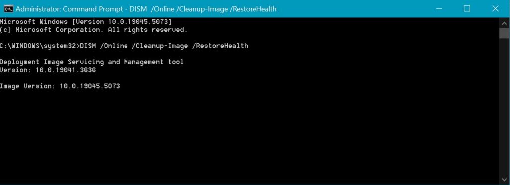 DISM RestoreHealth command running in an elevated Windows Command Prompt.