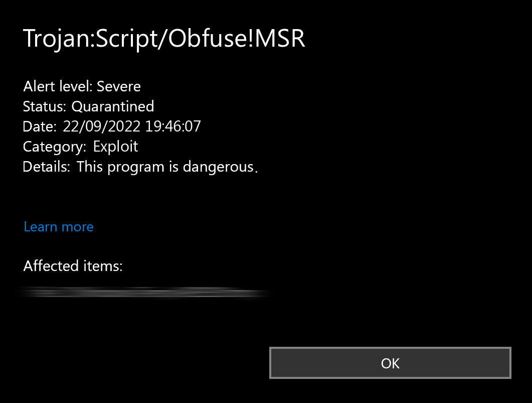 Trojan:Script/Obfuse!MSR 2 Trojan:Script/Obfuse!MSR detection window screenshot