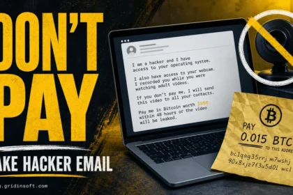 Fake hacker email warning with a Bitcoin demand and crossed-out webcam claim