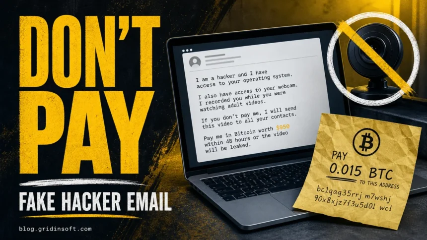 Fake hacker email warning with a Bitcoin demand and crossed-out webcam claim