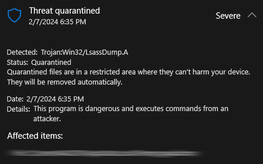 Microsoft Defender detection screenshot for Trojan:Win32/LsassDump.A.