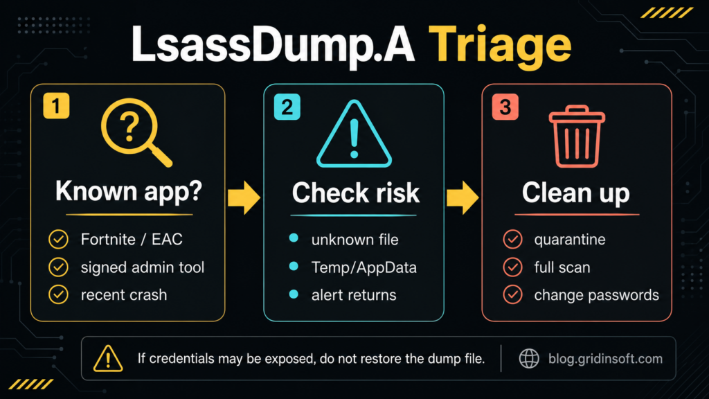 Triage diagram for deciding what to do after a Trojan:Win32/LsassDump.A alert.