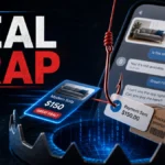 OfferUp deal trap scam poster with off-app payment and fake shipping red flags.