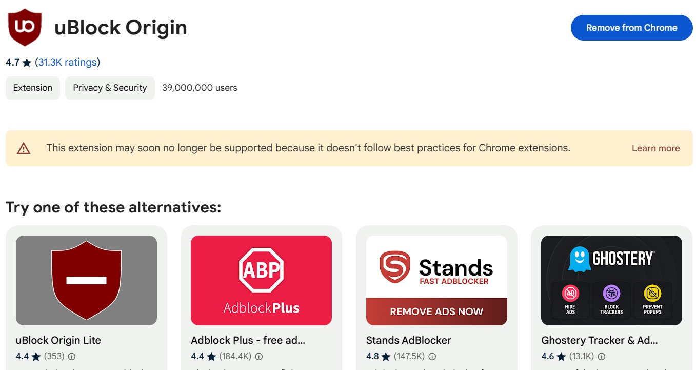 uBlock Origin Plugin May Be Disabled, Google Warns 2 uBlock Origin Chrome Web Store
