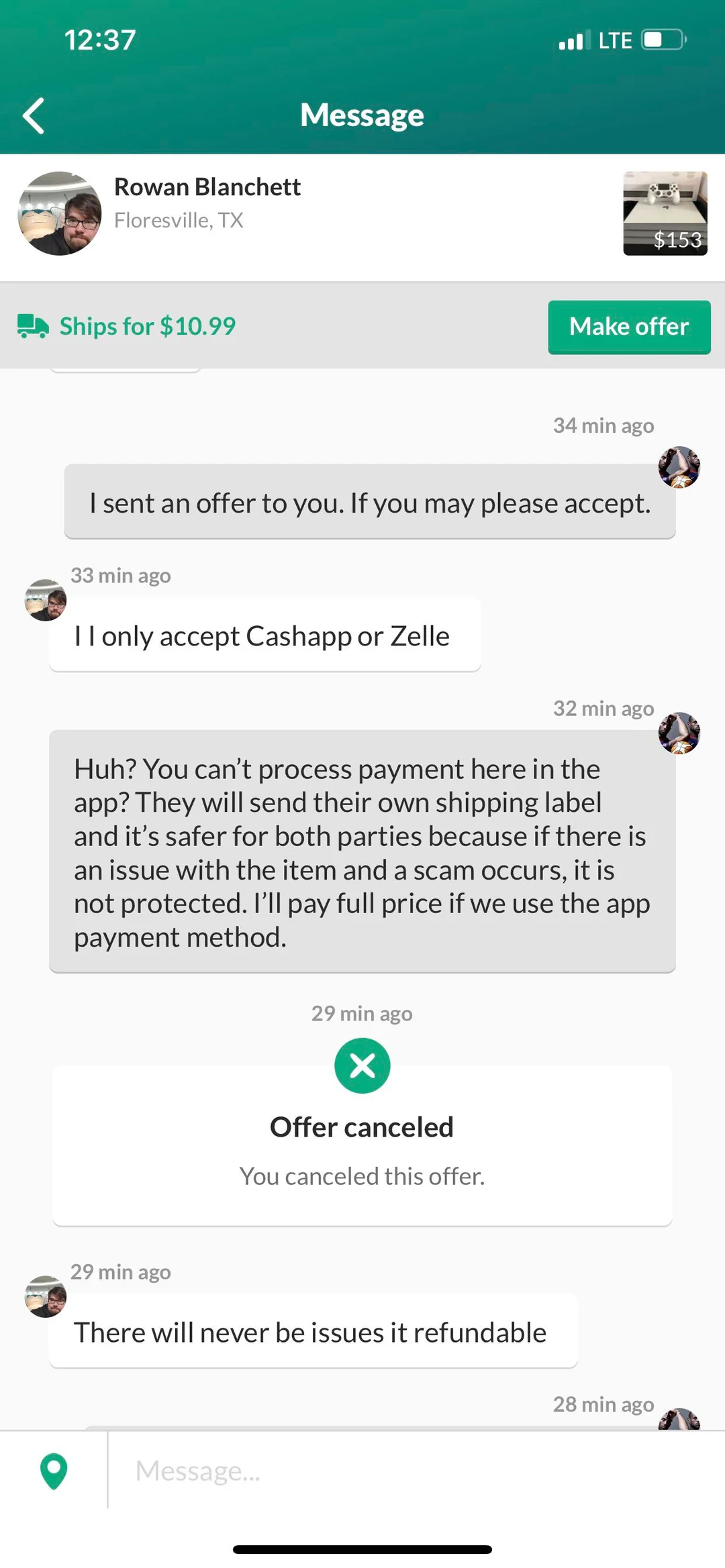 OfferUp message asking for payment outside the app