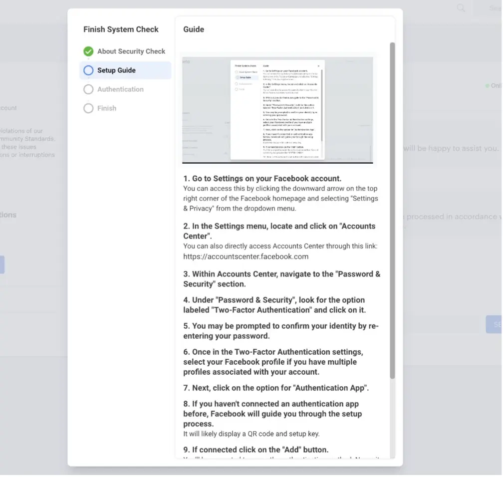 Fake Meta page asking for a two-factor authentication code
