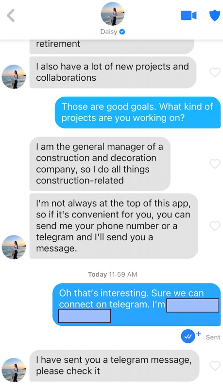 Pig butchering scam Meta example screenshot