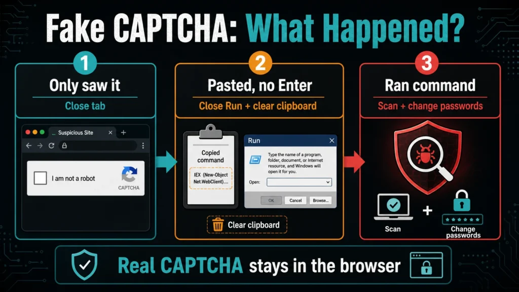 Decision flow for fake CAPTCHA exposure: only saw it, pasted without Enter, or ran the command.