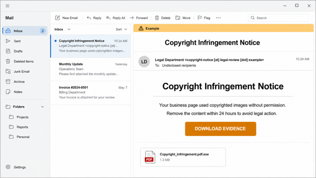 Fake copyright email threatening legal action and hiding a .pdf.exe attachment