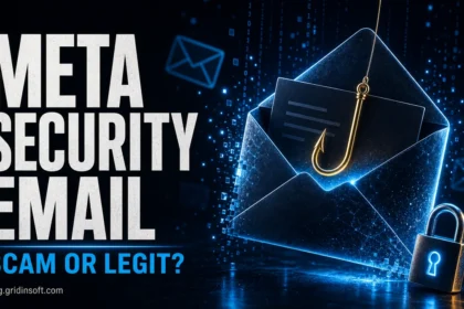 Meta Security Email phishing scam illustration with a hooked email envelope.