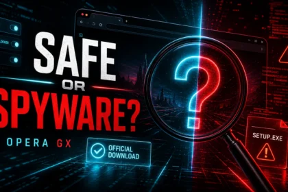 Opera GX safe or spyware warning with official download and suspicious setup file.