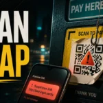 Fake QR code sticker on a public payment sign with a phone warning about a suspicious link.