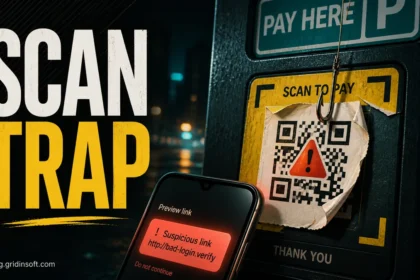 Fake QR code sticker on a public payment sign with a phone warning about a suspicious link.