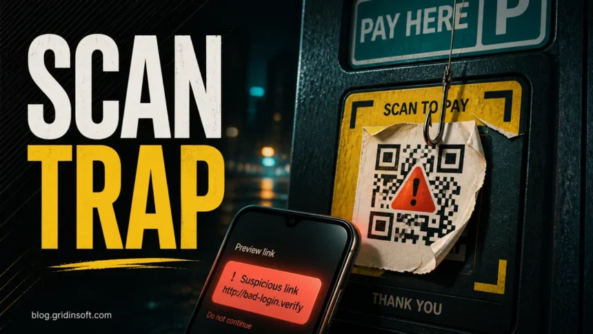 Fake QR code sticker on a public payment sign with a phone warning about a suspicious link.