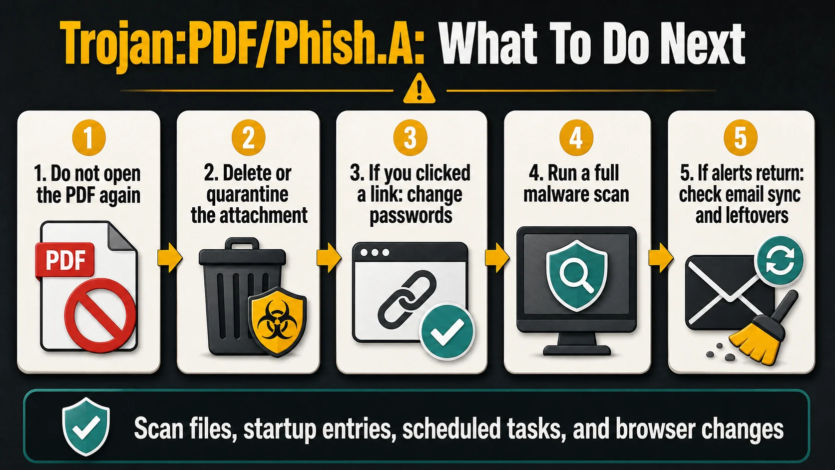 Decision flow for deleting a Trojan:PDF/Phish.A PDF, changing passwords after a click, and scanning Windows.
