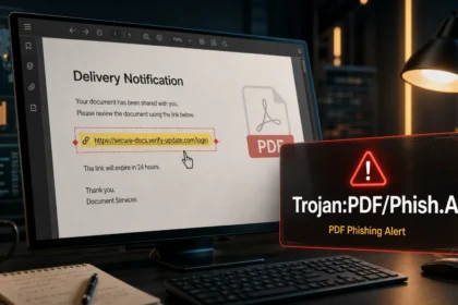 Trojan:PDF/Phish.A warning over a suspicious PDF with a highlighted phishing link.