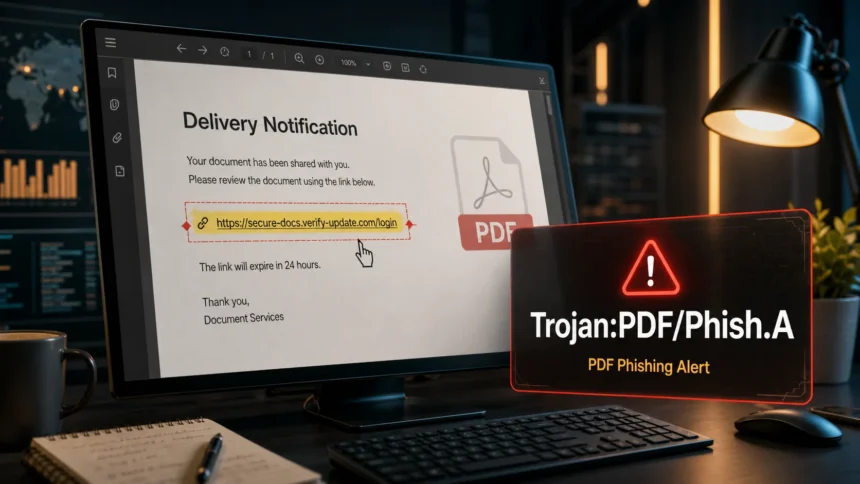 Trojan:PDF/Phish.A warning over a suspicious PDF with a highlighted phishing link.