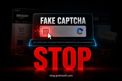 Fake Verify Human CAPTCHA warning poster showing a command-line trap.