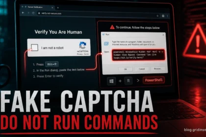 Fake CAPTCHA warning showing a Verify You Are Human page leading to a Windows Run command.