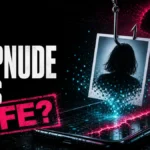AI deepnude sites safety poster with a photo caught on a digital hook above a phone trap.