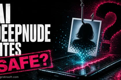 AI deepnude sites safety poster with a photo caught on a digital hook above a phone trap.