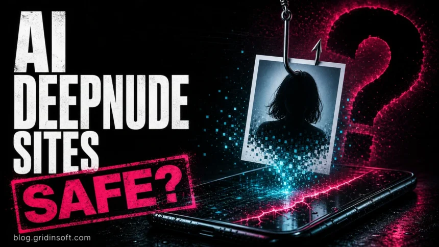 Are AI Deepnude Sites Safe? 1 AI deepnude sites safety poster with a photo caught on a digital hook above a phone trap.
