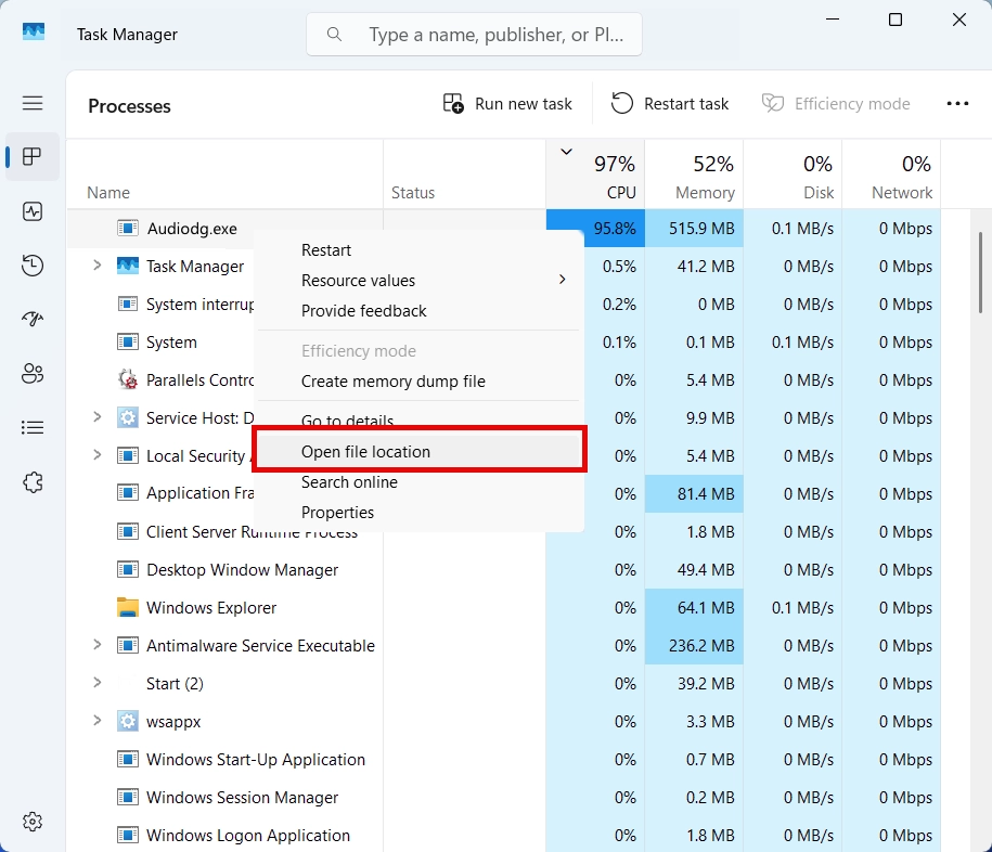 Open audiodg.exe file location from Task Manager
