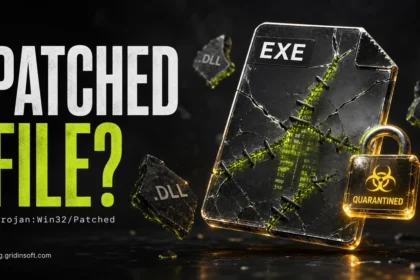 Trojan:Win32/Patched warning artwork showing a patched executable file in quarantine.