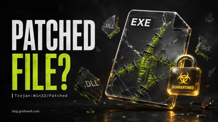 Trojan:Win32/Patched warning artwork showing a patched executable file in quarantine.