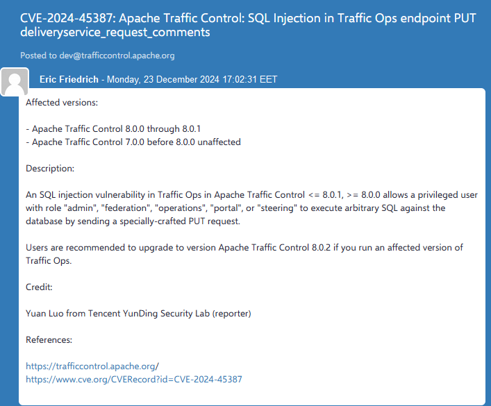 Apache Traffic Control Critical SQLi Vulnerability Fixed 2 Official vulnerability note Apache Traffic Control