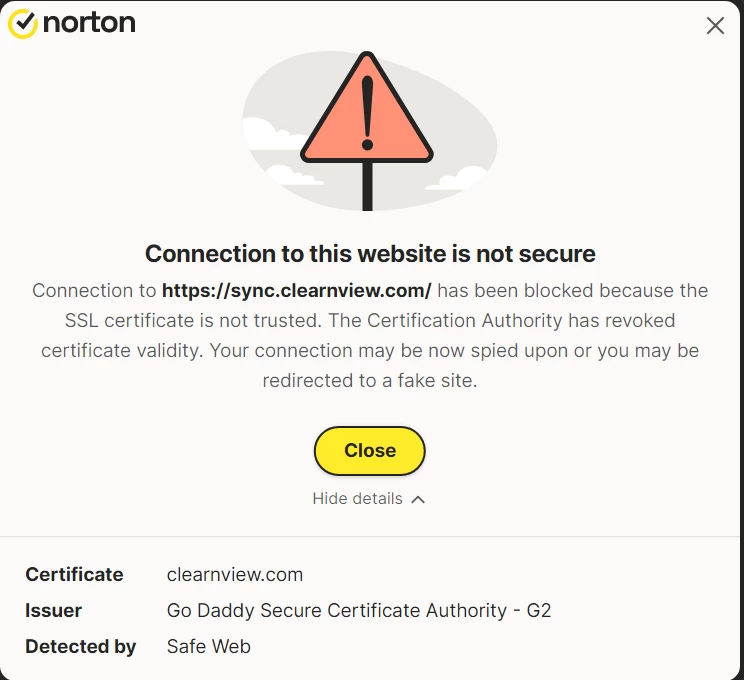 Sync.clearnview.com Virus: What It Means and How to Stop It 2 Security alert blocking a Sync.clearnview.com connection