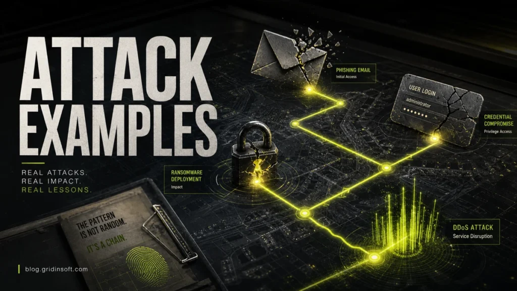 Cyber attack examples shown as a connected attack chain across phishing, credential theft, ransomware, and DDoS.