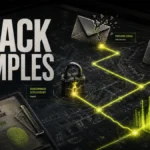 Cyber attack examples shown as a connected attack chain across phishing, credential theft, ransomware, and DDoS.