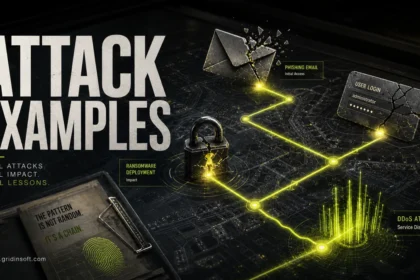 Cyber attack examples shown as a connected attack chain across phishing, credential theft, ransomware, and DDoS.