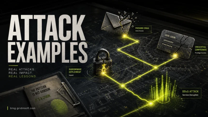Cyber attack examples shown as a connected attack chain across phishing, credential theft, ransomware, and DDoS.