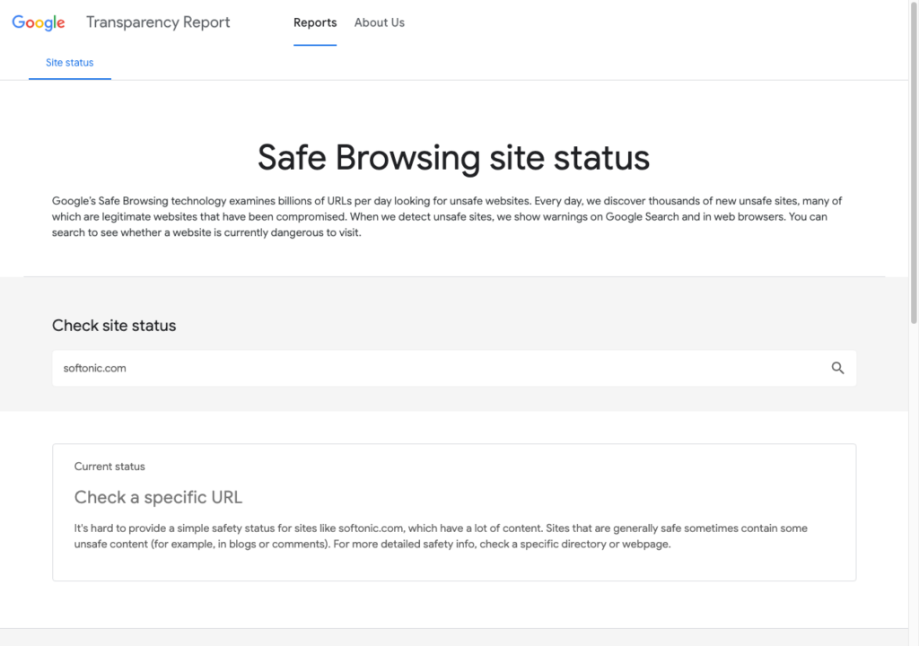 Google Safe Browsing site status check for softonic.com.