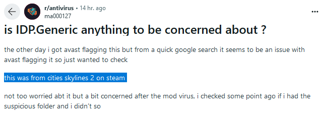 IDP.Generic: Virus or False Positive? Avast/AVG Check 3 Reddit thread showing multiple users reporting false IDP.Generic detections in legitimate Steam games