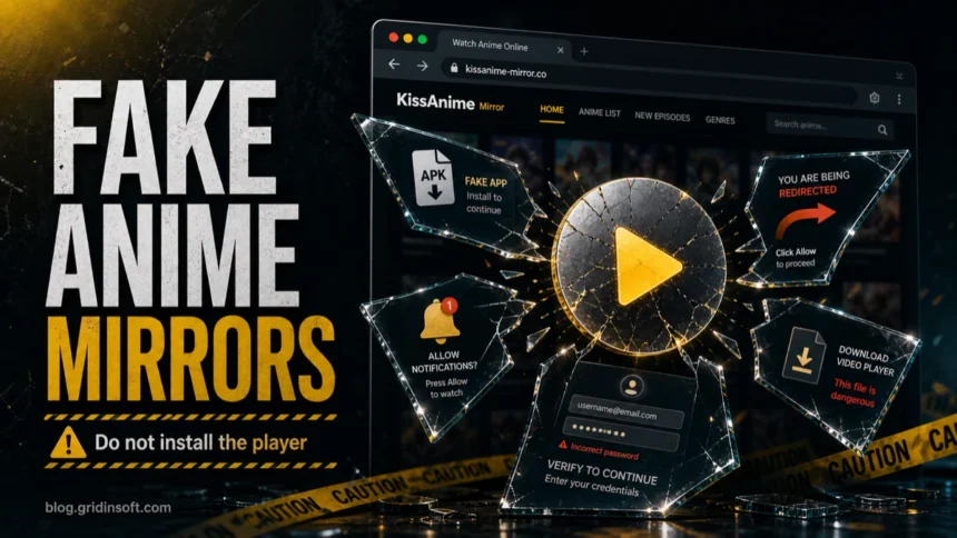 Fake anime mirror page breaking into redirect, notification, phishing, and download traps.