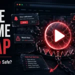 Fake KissAnime play button trap with redirects, notification spam, and risky downloads.