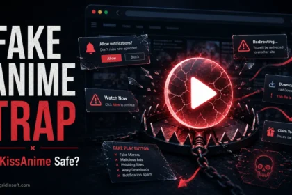 Fake KissAnime play button trap with redirects, notification spam, and risky downloads.