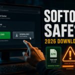Editorial poster asking whether Softonic is safe in 2026, with download, APK, and bundled installer risk cues.