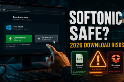 Editorial poster asking whether Softonic is safe in 2026, with download, APK, and bundled installer risk cues.