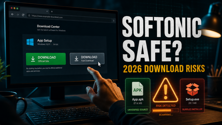 Editorial poster asking whether Softonic is safe in 2026, with download, APK, and bundled installer risk cues.